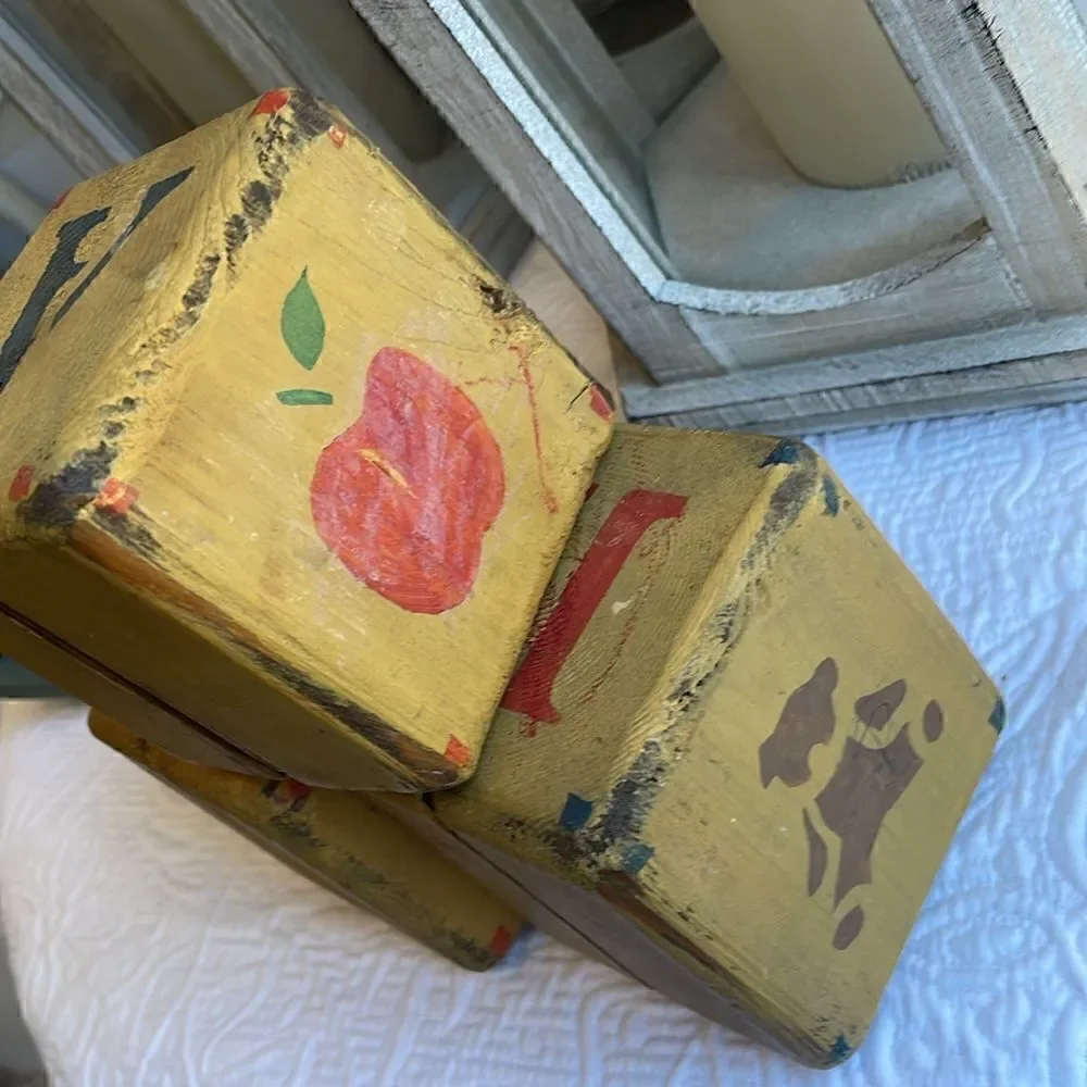 Set of 3 Large Vintage Folk Art Hand Made Wood Blocks